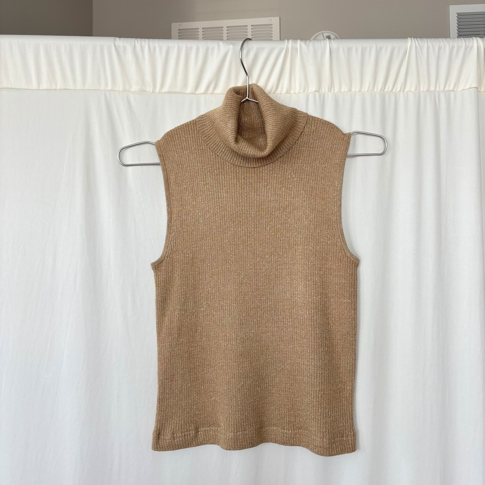 Vintage Apt 9 Sleeveless Turtleneck M Gold Metallic Ribbed Tuscan Mom Y2K Glam